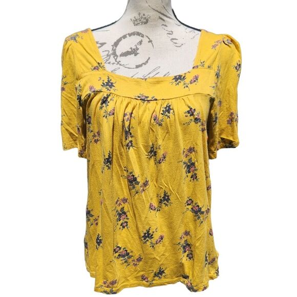 Lucky Brand‎ -263 short sleeve blouse yellow floral squared neck Medium - Picture 2 of 8